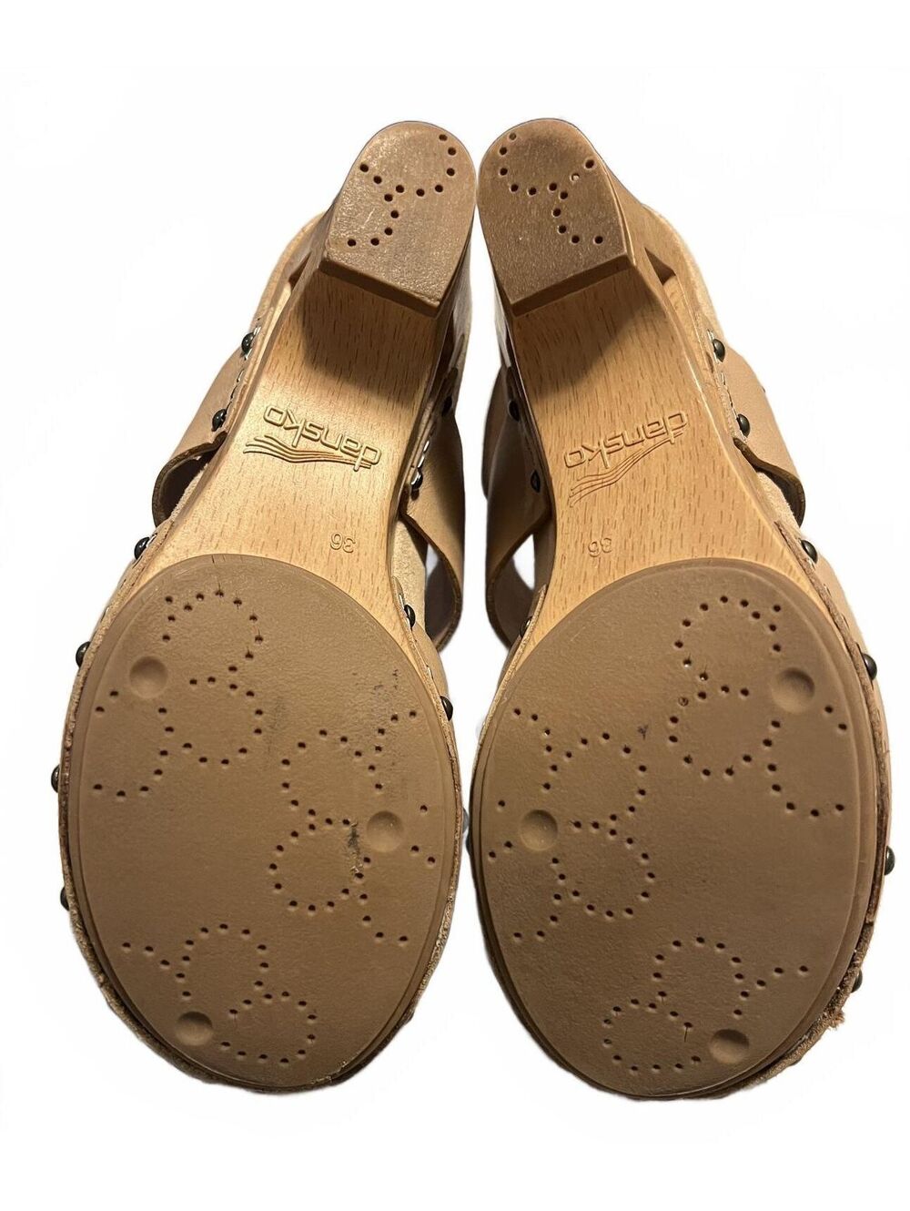 Dansko Sam Beige Leather Studded Wood Look Platform Cottage Clog Sandals 36 / 6 - Picture 6 of 8